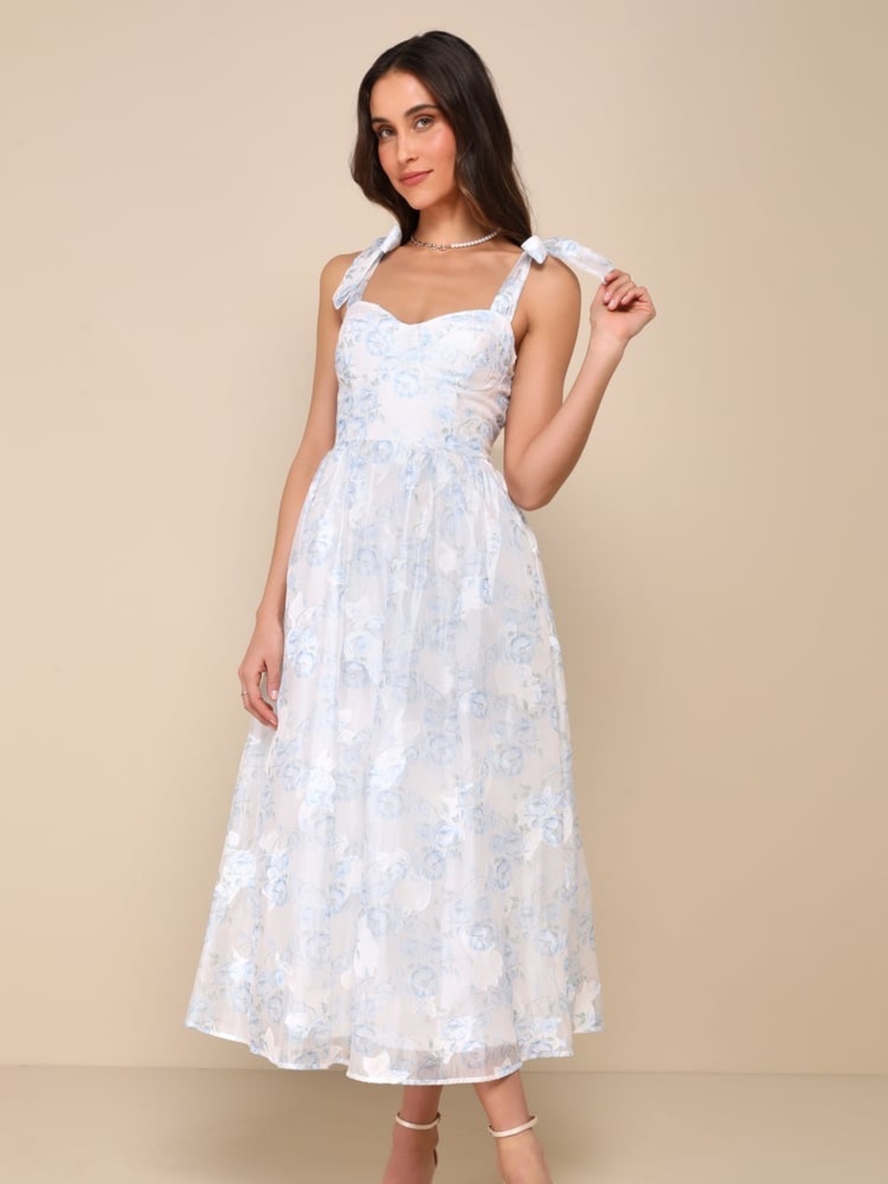 NWT Lulus Beautifully Adored White Floral Burnout Tie-Strap Midi Dress